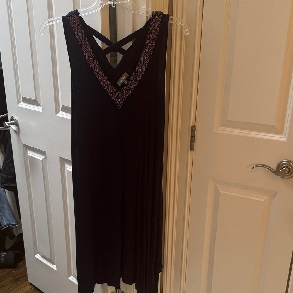 Navy Sleeveless Dress with embroidered V-neck trim